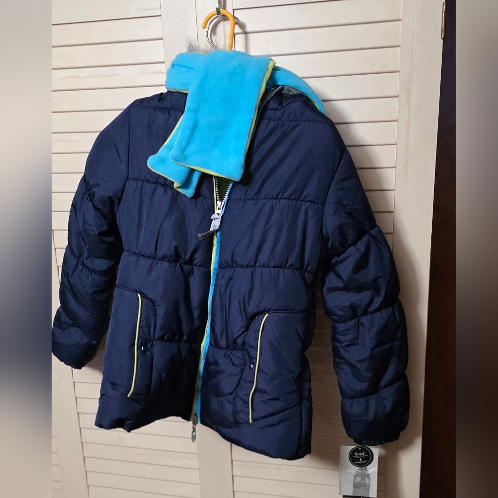 London Fog Navy and Aqua Kids Puffer Jacket with Scarf